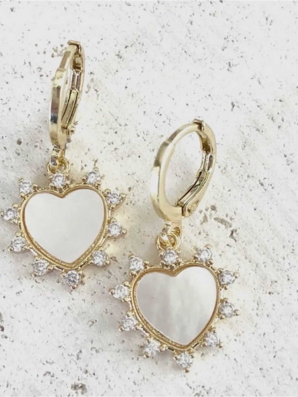Gold Filled heart Drop Earrings with Mother-of-Pearl and Crystals